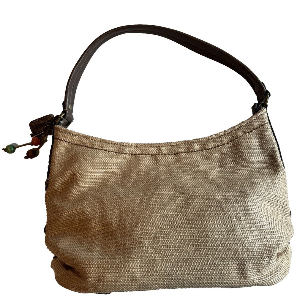 Fossil Straw Bag Genuine Classic Beige 3 Wood Beads Key Zippered Hobo Natural
